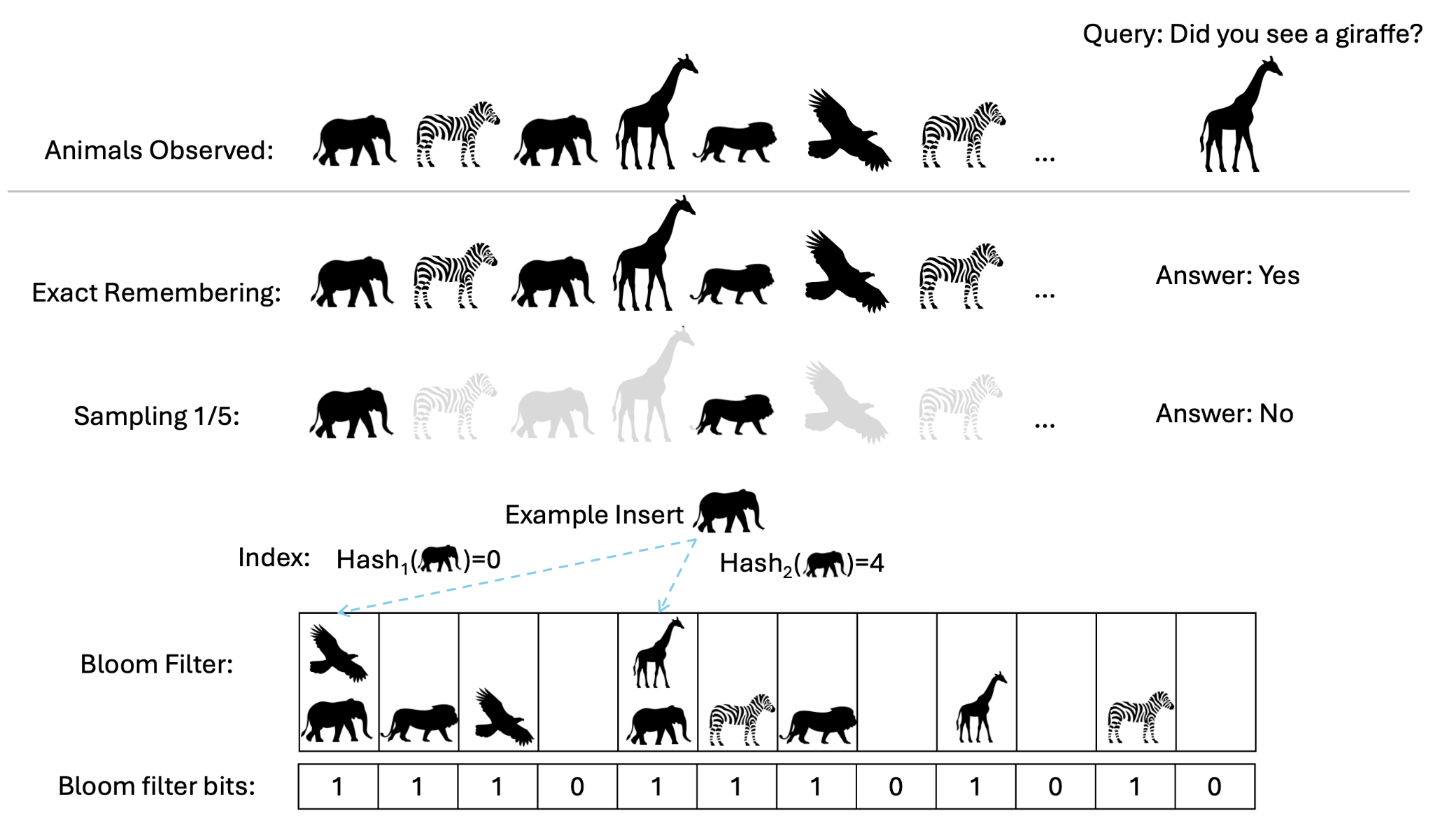 Comparing exact remembering, sampling, and a Bloom filter for answering 'Did you see a giraffe?'